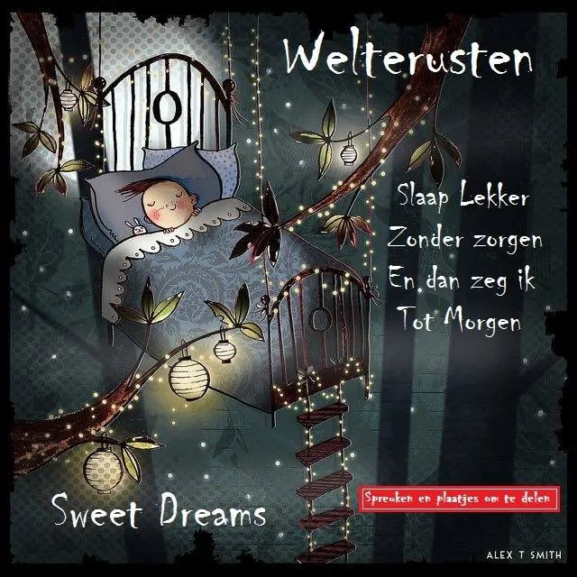 ᐅ welterusten slaap lekker tot morgen - Welterusten plaatjes Een kind slaapt in een hangbed omgeven door sterren en planten. Welterusten!