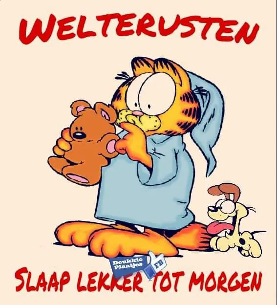 ᐅ welterusten slaap lekker tot morgen - Welterusten plaatjes Garfield in pyjama met teddybeer, zegt 'Welterusten, slaap lekker tot morgen'.