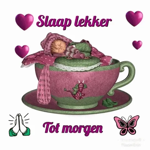 ᐅ welterusten slaap lekker tot morgen - Welterusten plaatjes Een slapende baby in een grote mok met de tekst "Slaap lekker, tot morgen."