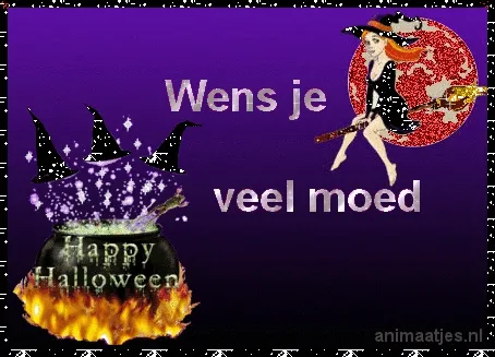 ᐅ wens halloween - Halloween plaatjes Tekst met een heks en een pompoen, met de boodschap "Wens je veel moed - Happy Halloween."