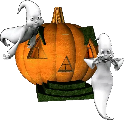 ᐅ wens halloween - Halloween plaatjes Twee geesten rond een pompoen met een trap en driehoekige ramen.