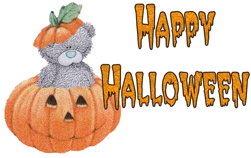 ᐅ wens halloween - Halloween plaatjes Een teddybeer zit in een pompoen met de tekst 'Happy Halloween'.