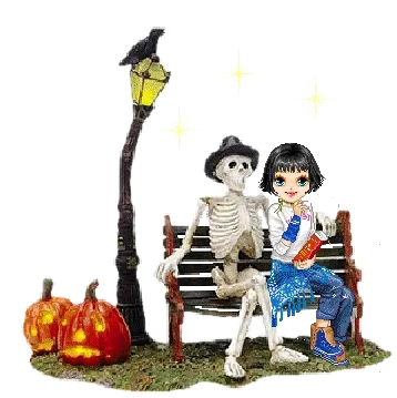 ᐅ wens halloween - Halloween plaatjes Een skelet en een meisje zitten samen op een bank met pompoenen en een lantaarn.