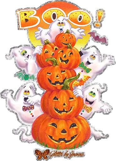 ᐅ wens halloween - Halloween plaatjes Een stapel pompoenen met speelse geesten en het woord 'Boo!' erboven.