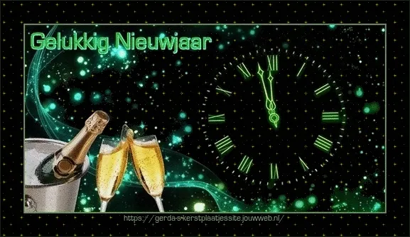 Champagne en klok met de woorden "Gelukkig Nieuwjaar" op een feestelijke achtergrond.