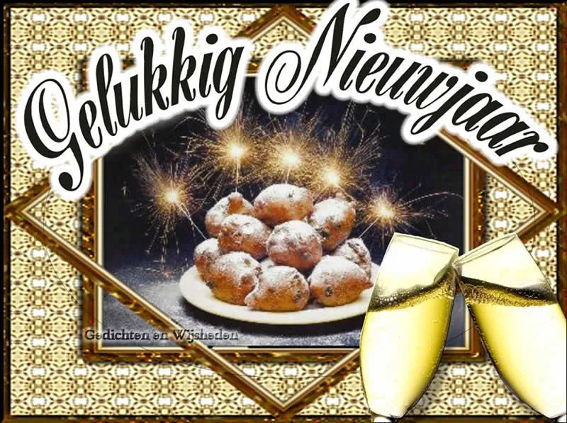 Een feestelijke afbeelding met een stapel oliebollen en champagneglazen. Gelukkige nieuwjaar!