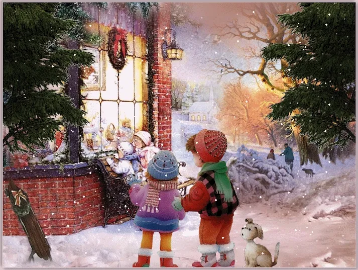 Kinderen kijken naar een versierde kerstetalage in de sneeuw.