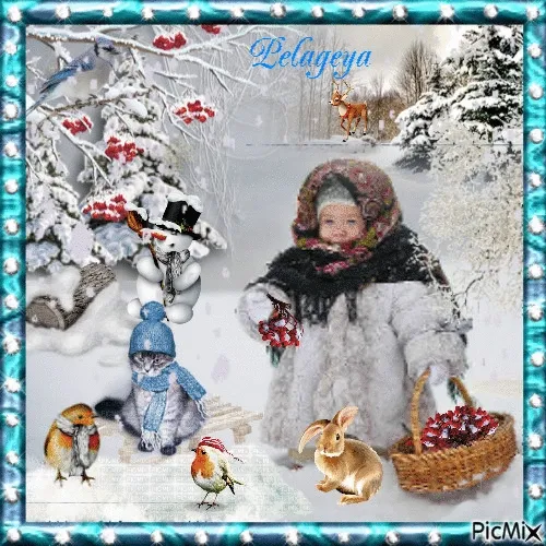 Kind in winterse outfit met een mand vol bessen in een besneeuwd landschap.