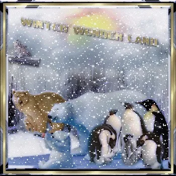 ᐅ winter plaatjes gif - Winter plaatjes Een winterse scène met een ijsbeer, pinguïns en vallende sneeuwvlokken.