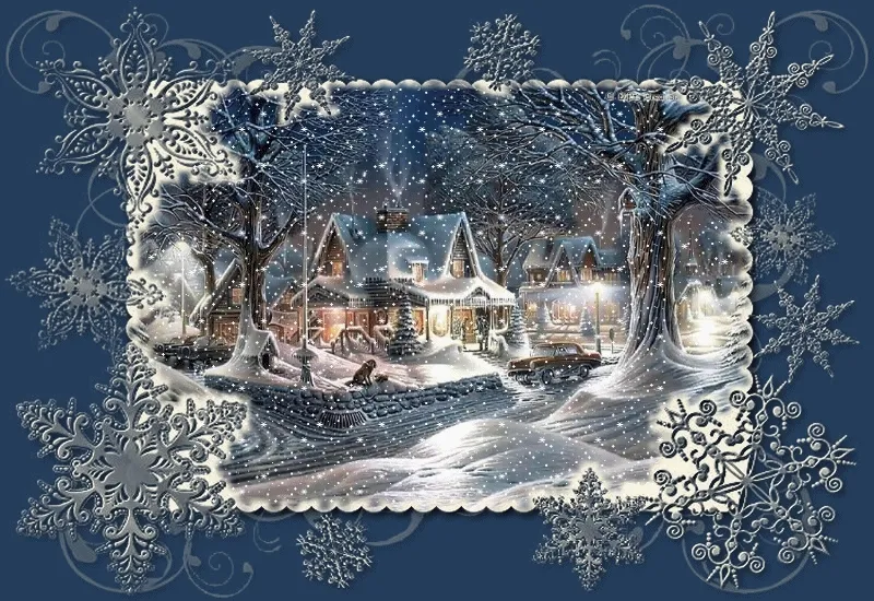 ᐅ winter plaatjes gif - Winter plaatjes Winterscène met met sneeuw bedekte huizen en een decoratieve rand van sneeuwvlokken.