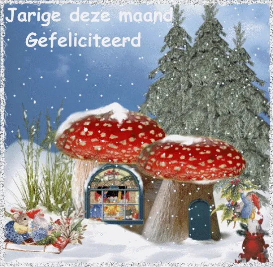 ᐅ winter plaatjes gif - Winter plaatjes Sneeuwlandschap met een kleurrijk paddenstoelhuis en gelukkige verjaardagswensen.