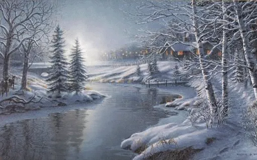 ᐅ winter plaatjes gif - Winter plaatjes Sneeuwlandschap bij nacht met bomen, rivier en een huis in de verte.