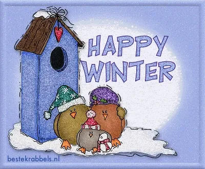 ᐅ winter plaatjes gif - Winter plaatjes Drie vogels met wintermutsen bij een vogelhuisje. Tekst: "Gelukkig Winter".