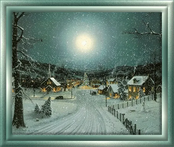 ᐅ winter plaatjes gif - Winter plaatjes Sneeuwlandschap met verlichte huizen en een dennenboom onder een volle maan.