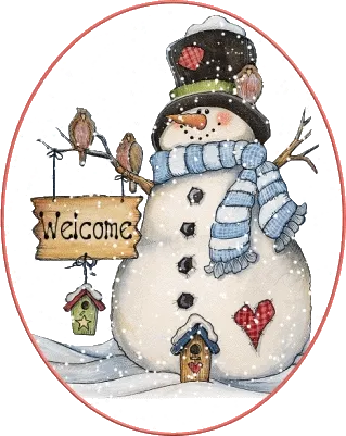 ᐅ winter plaatjes gif - Winter plaatjes Een vrolijke sneeuwman met een welkomstbord, sneeuwvlokken vallen rondom.