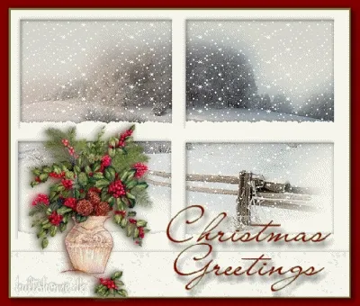 ᐅ winter plaatjes gif - Winter plaatjes Een sneeuwlandschap met kerstgroeten en een vaas met bladeren in de voorgrond.