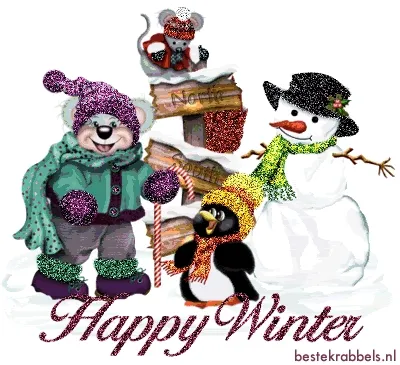 ᐅ winter plaatjes gif - Winter plaatjes Een schattige beer, pinguïn en sneeuwpop vieren de winter.