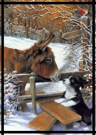 ᐅ winter plaatjes gif - Winter plaatjes Een ezel en een puppy kijken elkaar aan in een sneeuwlandschap.