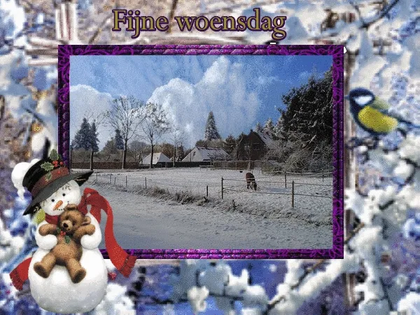 ᐅ winter plaatjes gif - Winter plaatjes Sneeuwbedekte tuin met boerderij en een sneeuwpop met een teddybeer.