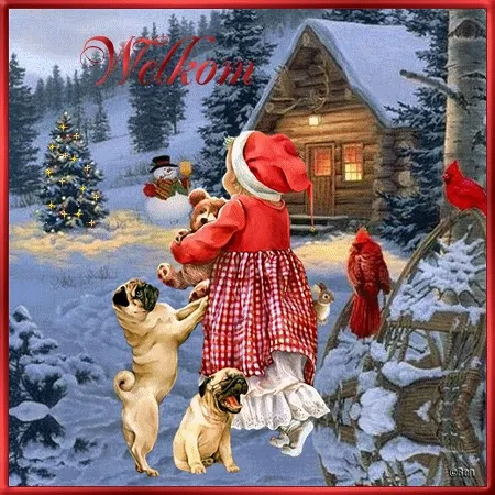 ᐅ winter plaatjes gif - Winter plaatjes Een meisje met een kerstoutfit speelt met honden in een winterse landschap.