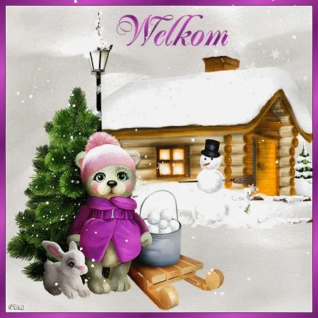 ᐅ winter plaatjes gif - Winter plaatjes Een schattig dier in een winterlandschap met een sneeuwpop en een huisje.