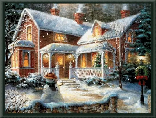 ᐅ winter plaatjes gif - Winter plaatjes Sneeuwbedekt huis met kerstverlichting en een sneeuwpop in de tuin.