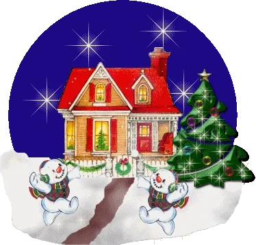 ᐅ winter plaatjes gif - Winter plaatjes Sneeuwpoppen dansen voor een versierd huis met een kerstboom in de sneeuw.