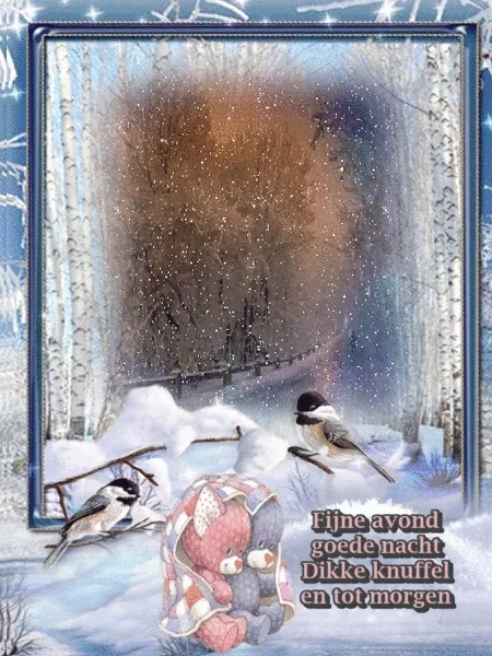 ᐅ winter plaatjes gif - Winter plaatjes Sneeuwlandschap met vogels en teddyberen, tekst: "Fijne avond, goede nacht."