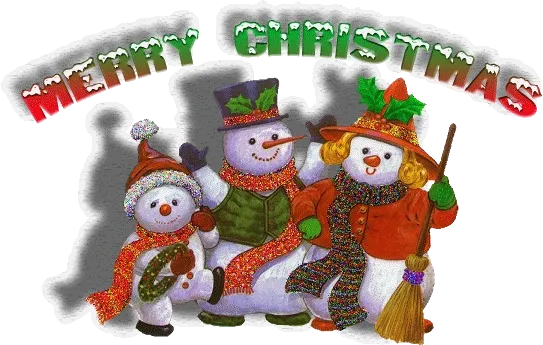 ᐅ winter plaatjes gif - Winter plaatjes Drie vrolijke sneeuwpoppen met kerstversiering en de tekst 'Merry Christmas'.
