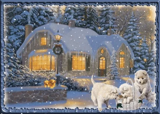 ᐅ winter plaatjes gif - Winter plaatjes Sneeuwbedekte huis met lampion en speeltuin met schattige puppies.