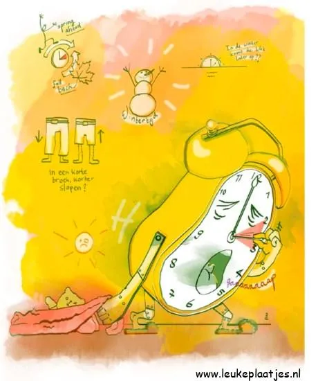 ᐅ wintertijd grappig - Wintertijd plaatjes Komische afbeelding van een klok met een borstel en verschillende elementen rondom.