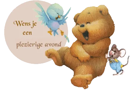 ᐅ woensdagavond afbeeldingen - Fijne avond plaatjes Een vrolijke beer, een vogel en een muis wensen je een plezierige avond.