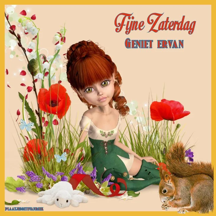 Een schattig meisje met bloemen en een eekhoorn rondom haar. Tekst: "Fijne Zaterdag".