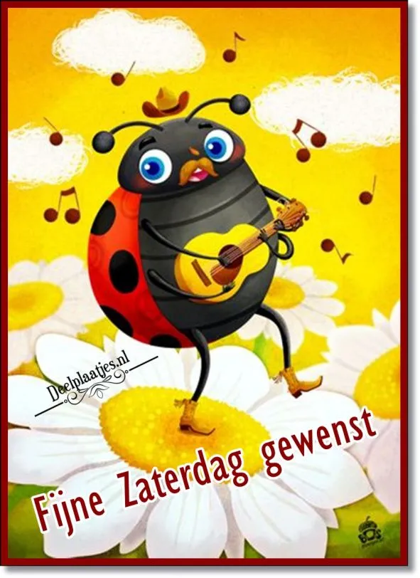 Een vrolijke lieveheersbeestje met gitaar op bloemen, met de tekst "Fijne Zaterdag gewenst."