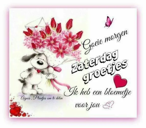 Een schattige hond met bloemen en een boodschap voor een goede morgen.