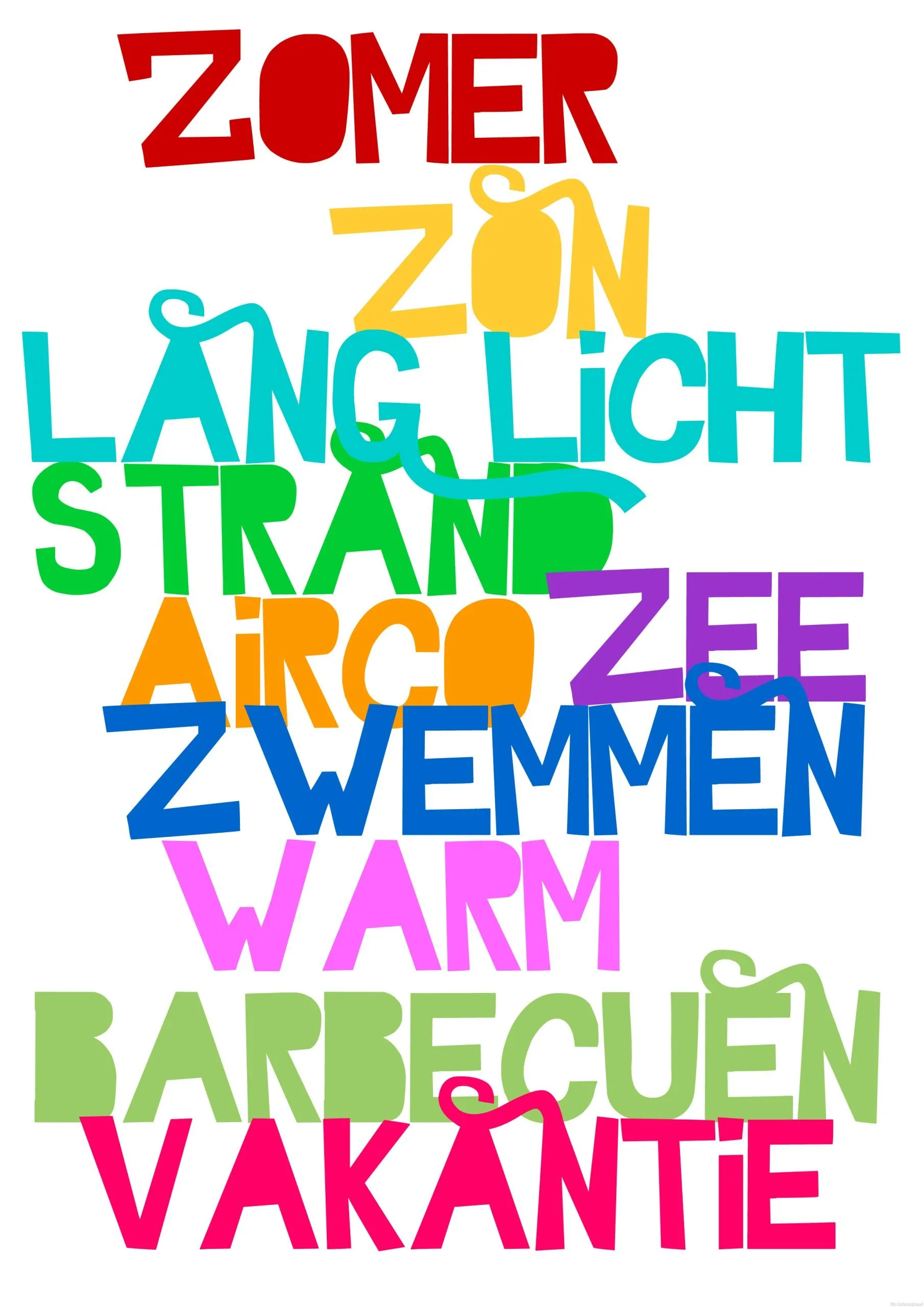 Kleurrijke woorden over de zomer en activiteiten aan het strand.