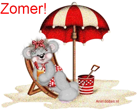 ᐅ zomer plaatje gif - Zomer Plaatjes en Gifs plaatjes Zomerse afbeelding van een teddybeer op het strand met een parasol en emmer.