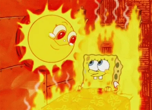 ᐅ zomer plaatje gif - Zomer Plaatjes en Gifs plaatjes SpongeBob zit in bed terwijl de zon glimlacht en om hen heen vlammen zijn.