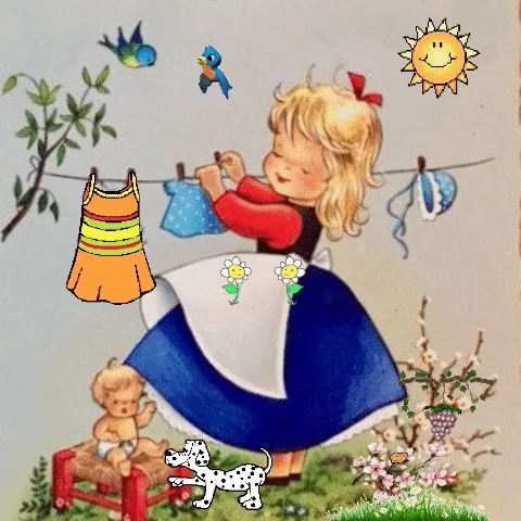ᐅ zomer plaatje gif - Zomer Plaatjes en Gifs plaatjes Een meisje hangt kleren op, met een jongen en een hond op de achtergrond.