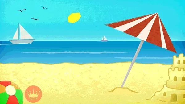 ᐅ zomer plaatje gif - Zomer Plaatjes en Gifs plaatjes Zonnig strand met parasol, zeilboten en zandkasteel.