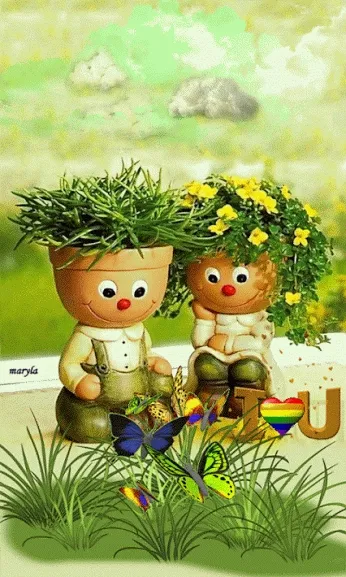 ᐅ zomer plaatje gif - Zomer Plaatjes en Gifs plaatjes Twee schattige tuinfiguren met planten op hun hoofd, omringd door bloemen en vlinders.