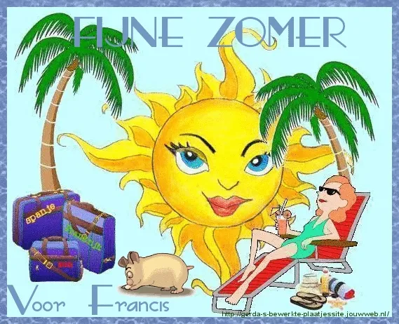 ᐅ zomer plaatje gif - Zomer Plaatjes en Gifs plaatjes Zomerafbeelding met zon, palmbomen, koffer en een vrouw op een ligstoel.