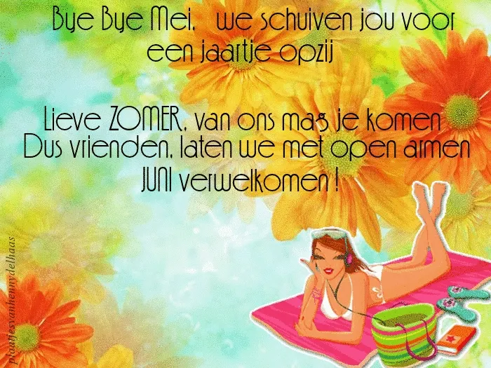ᐅ zomer plaatje gif - Zomer Plaatjes en Gifs plaatjes Lenteafscheid met bloemen en uitnodiging voor de zomer, vrouw ligt op een handdoek.