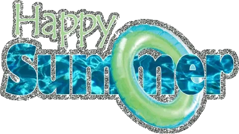 ᐅ zomer plaatje gif - Zomer Plaatjes en Gifs plaatjes Tekst met "Happy Summer" en een zwemband boven een blauwe achtergrond.