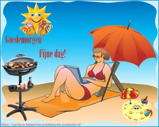 ᐅ zomer plaatje gif - Zomer Plaatjes en Gifs plaatjes Vrouw op strandstoel met laptop, zon, parasol en barbecue met vlees. Fijne zomerdag!