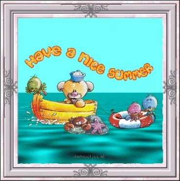 ᐅ zomer plaatje gif - Zomer Plaatjes en Gifs plaatjes Een schattige beer in een bootje met vrienden, met de tekst "Fijne zomer".