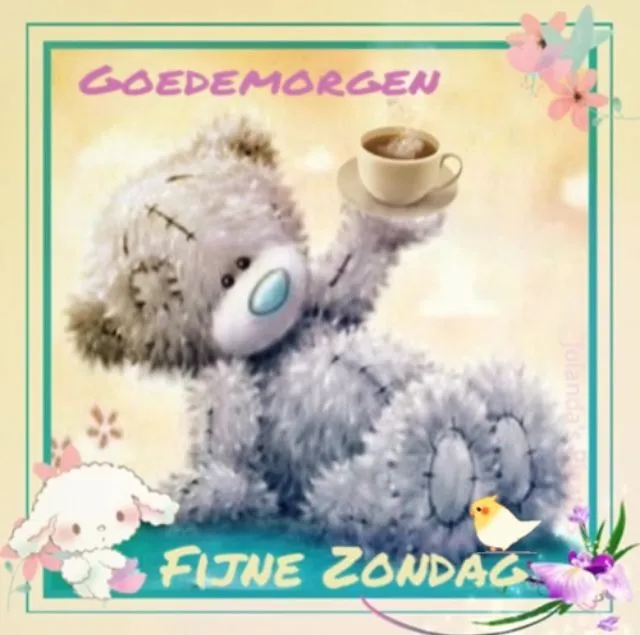 ᐅ zondag knuffel - Zondag plaatjes Een knuffelbeertje met een kopje koffie en een vrolijke boodschap voor de zondag.
