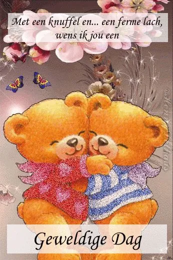 ᐅ zondag knuffel - Zondag plaatjes Twee schattige teddyberen omhelzen elkaar met bloemen en vlinders op de achtergrond.