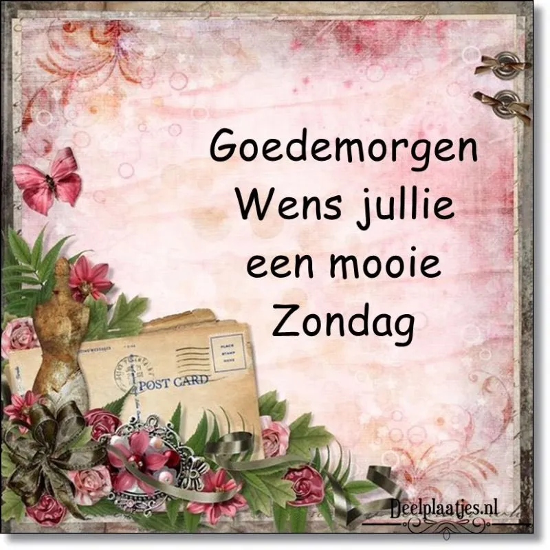 ᐅ zondag knuffel - Zondag plaatjes Kleurige achtergrond met bloemen en de tekst: "Goedemorgen, Wens jullie een mooie Zondag."