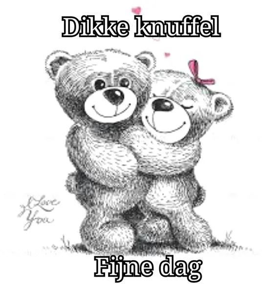 ᐅ zondag knuffel - Zondag plaatjes Twee schattige beren omhelzen elkaar met tekst "Dikke knuffel" en "Fijne dag".